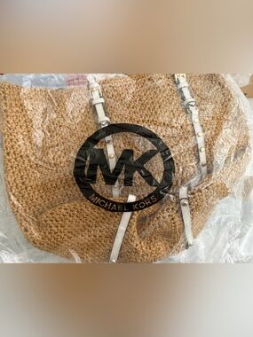 Michael Kors Tan Woven Tote with White Leather Straps—-in original plastic bag